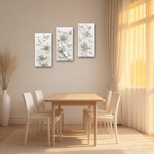 SWQYLB 3 Panel Flower Wall Art 3D Relief Floral Canvas Painting Abstract Butterfly & Rose Pictures Prints White Textured Wall Decor for Home Framed (White, 24x12inchx3 Pieces) - color: White, size: 24x12inchx3 Pieces
