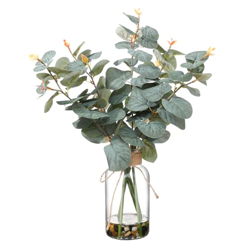 15.74” Artificial Eucalyptus Stems in Glass Vase with Faux Water & Natural Stones, Lifelike Fake Greenery for Modern Farmhouse Home Decor, Bathroom Decor, Office Desk Centerpiece - color: Sl-0976