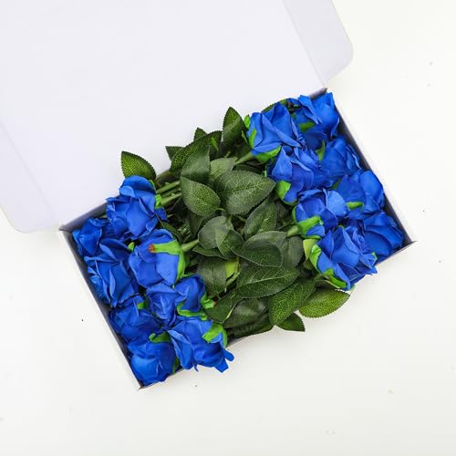 Blue Fake Roses Artificial Flowers - 16 Pcs Fake Artificial Roses Silk Flowers with Stems for Home Wedding Hotel Office Centerpiece Decor - color: Blue, size: 16 Pcs