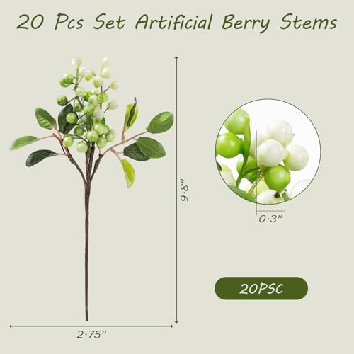 SHACOS Artificial White Berry Stems 20 PCS Pack Fake Berries Branches Spray with Green Leaves 9.8 inch Small Berry Picks for Christmas Decorations Crafts Filler Holiday Home Decor, White - color: White, size: 20 PCS