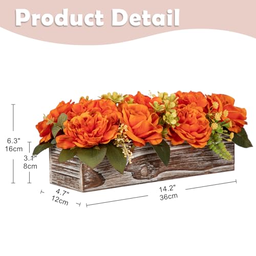 DILATATA Flower Arrangement with Wooden Vase 14" Artificial Flowers in Pot - Fake Flowers Roses Peonies Hydrangeas in Wooden Vase Potted Flower Centerpieces for Table Decor Living Room - Burnt Orange - color: 14"l Burnt Orange