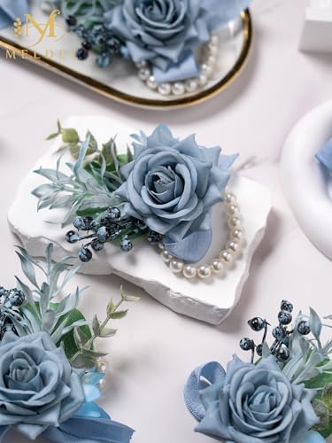 Dusty Blue Rose Wrist Corsage for Women, Set of 6, Wedding Bridal Corsage Hand Flower Decor for Prom Corsages Party Homecoming, Wristband Flowers for Bride Bridesmaid Girl Mother Wristlet Décor - color: 6pcs Blue Wrist Corsages