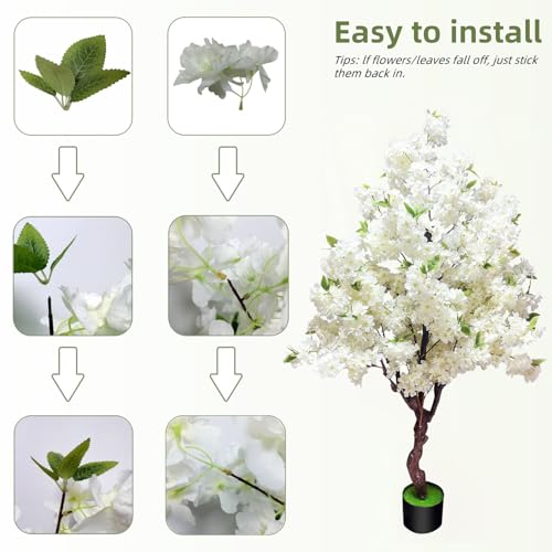 Cherry Blossom Tree 5.3ft, Faux White Cherry Blossom Tree with Green Leaves for Wedding House Office Decor