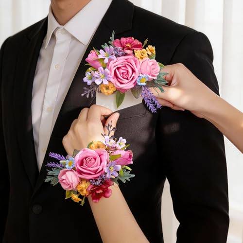 Serwalin 2Pcs Corsage and Boutonniere Set,Pastel Rose Corsage Wristlet and Pocket Boutonniere for Prom Wedding Homecoming Anniversary Graduation - color: Pastel