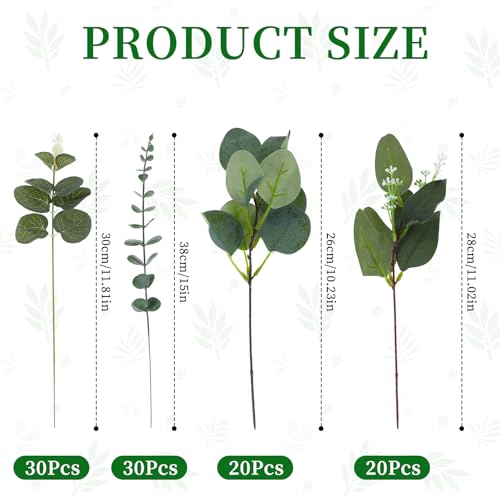 100Pcs Artificial Eucalyptus Stems Leaves Bulk - 4 Kinds Mixed Faux Greenery Silver Dollar Eucalyptus Leaves - Greenery Stems for Wedding Vase Bouquet Floral Arrangement Centerpiece Home Decor