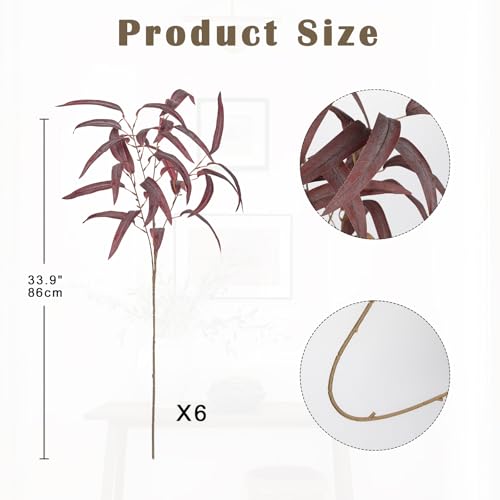 Briful Artificial Eucalyptus Willow Branches 33'' Tall Red Fake Eucalyptus Stems Arrangement, Realistic Faux Greenery Stems, Indoor Plant, Home Housewarming Farmhouse Porch Vase Decor, Set of 6 - color: 6pcs Burgundy