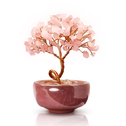 Rose Quartz Crystal Tree,Romantic Office Desk Bedroom Decor,Handmade Copper Wire in Crackle Ceramic Base,Spiritual Gift for Her - color: 1-blossom Bliss