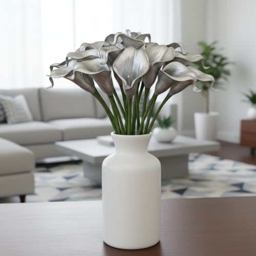 Floral Kingdom 20 Pack Artificial Calla Lily Flowers 14 Inch Silver Real Touch Faux Calla Lilies for Home Decor, Table Centerpieces, Living Room & Weddings - color: 925 Silver