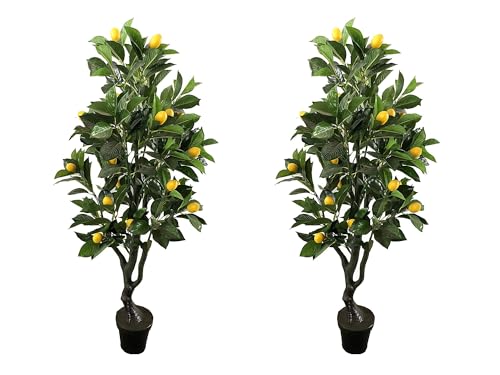 AMERIQUE Pair 4' Lemon Trees Artificial Silk Plant with Fruits, Pre-Potted with Nursery Plastic Pot