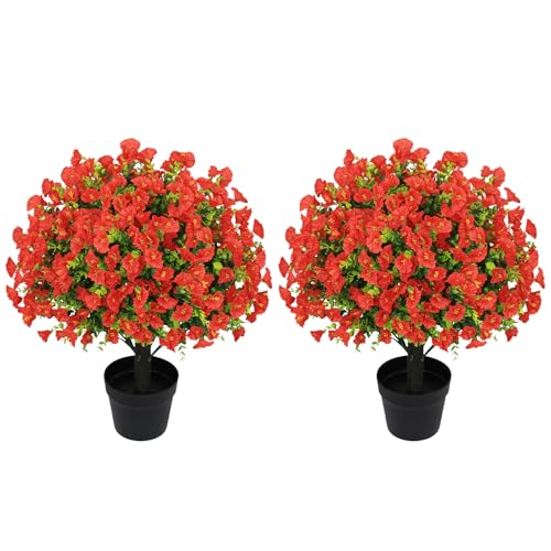 24" Artificial Potted Plants Outdoor Set of 2, UV Resistant Faux Red Flowers with Eucalyptus, Decorative Plants in Pots for Front Porch, Patio & Entryway - color: Red, size: 24in Morning Glory Eucalyptus