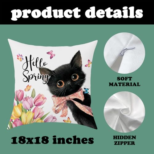 Fokongna Hello Spring Black Cat Pillow Covers 18 x 18 Inch, Cats Lovers Lady Gifts Cat Elder ister, Younger Sister, Mother Gifts, Floral Cats Decorative Pillow Covers Spring Summer Couch Pillowcase - color: Hello Spring