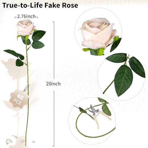 AmyHomie 48 PCS Champagne Roses Velvet Realistic Artificial Flowers with Bendable Stems for Wedding Bouquets Baby Shower Party Home Decor Fake Flowers Gifts for Valentines, Mothers Day, Womens Day - color: Champagne