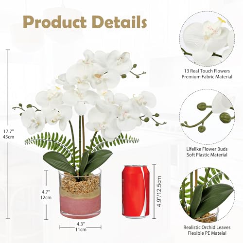 Oairse White Orchids Artificial Flowers with Vase Faux Orchids Plant in Pot | 17.7" Phalaenopsis Orchid Flower Arrangements White Centerpiece for Kitchen Dining Room Table Bathroom Shelf Desk Decor - color: White Orchid & Pink Sand
