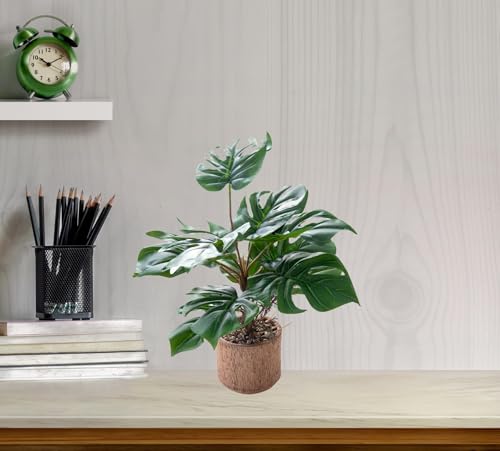 12.6" Fake Plant with Rustic Ceramic Vase, Faux Monstera Plant Indoor, Realistic Looking Small Artificial Farmhouse Plant, Medium Artificial Plants Bathroom Kitchen Housewarming Gift