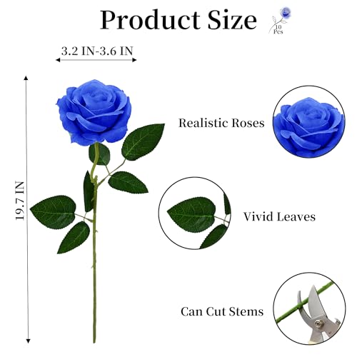 10 Pcs Blue Rose Artificial Flower, Faux Silk Flowers With Long Stems, Fake Roses Bulk Bouquet for Decoration Valentine's Day Centerpieces Proposal Bridal Bouquets Shower Party Home Floral Decor - color: Blue