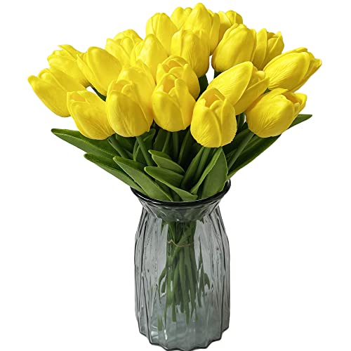 UKELER Artificial Yellow Tulip Flowers 24 Pcs Artificial Flowers Bulk Real Touch PU Tulip Flowers for Floral Wreath Arrangement Wedding Bouquet Home Decoration - color: Yellow