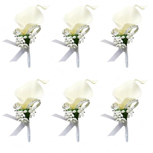 ChezMax Calla Lily White Boutonniere Handmade Silk Flower with Ribbon Corsage for Bride Groom Wedding Party 6 Packs - color: B-white Boutonniere-6 Pcs