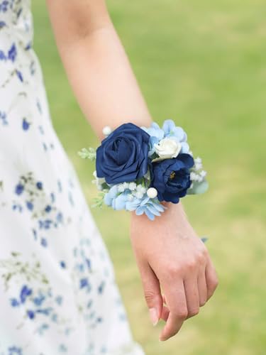 Rinlong 2Pcs Navy Blue Wrist Corsage for Wedding, Prom, Homecoming | Bridesmaid, Mother of the Bride Corsage - color: 08-navy Blue Rose