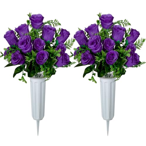 XONOR Artificial Cemetery Flowers, Set of 2 Artificial Rose Bouquet Grave Memorial Flowers with Vase for Cemetery Headstones Decoration (Purple) - color: Purple