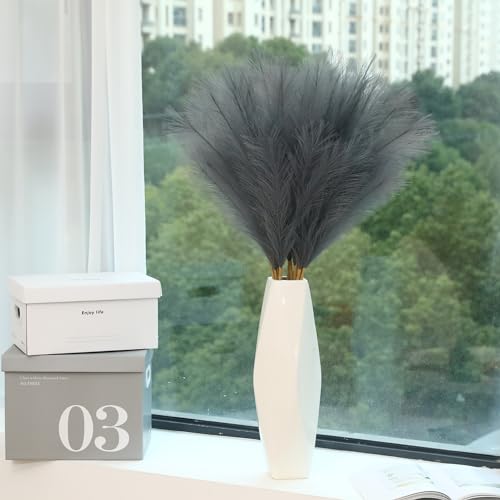 Wertuirk 9 Stems Grey Pampas Grass - 38 Inch Tall Faux Pompous Grass Bulk, Large Artificial Pompas Floral for Vase Filler, Wedding Flower Arrangement and Home Decor (Grey) - color: Grey