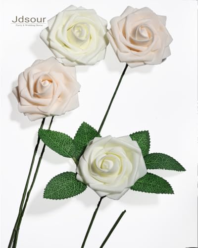 50pcs Artificial Flower，Real Touch Foam Roses w/Stem DIY for Wedding Bouquet Centerpieces Party Shower Home Decor-Ivory Cream - color: Ivory Cream