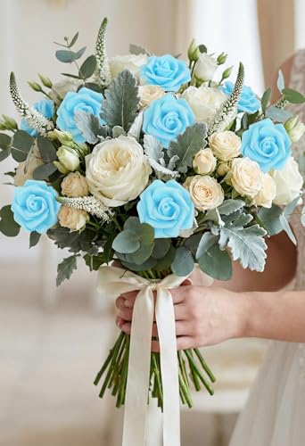 50 PCS Sky Blue Foam Rose Stemless Artificial Flower Head Bulk 2.75in Mini Fake Simulated Eternal Flores Roses Flower for DIY Craft Bridal Bouquets Centerpieces Arrangement Home Decoration - color: Sky Blue