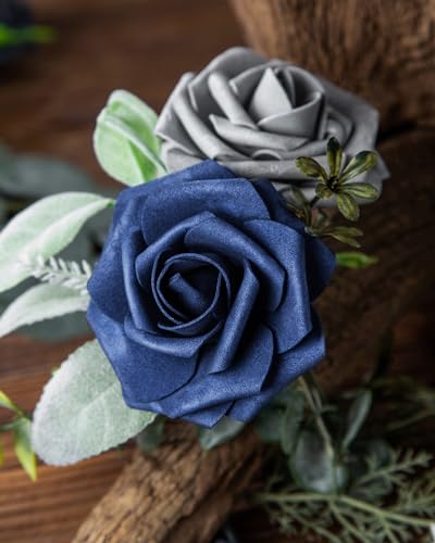 DuHouse 25Pcs Artificial Roses Flowers Fake Roses with Stems Real Touch Foam Flowers for DIY Wedding Bouquet Party Centerpiece Floral Arrangement Party Home Decor (Navy Blue) - color: Navy Blue, size: 25pcs