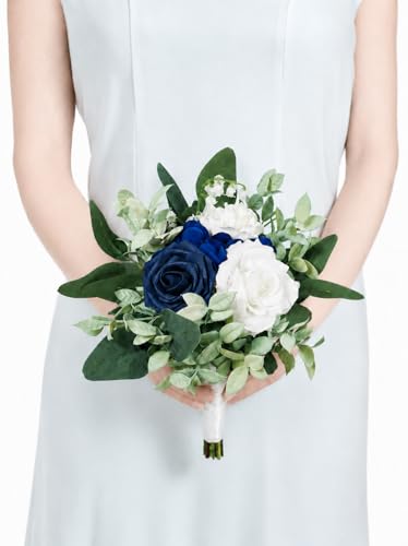 Rinlong Navy Blue Bridesmaid Bouquet for Wedding, Prom, Homecoming | Silk Bridal Bouquet, Destination Friendly - color: 21-blue & Sage