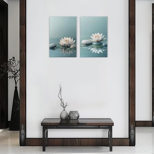 Zen Wall Art 2 Panel White Lotus Pebble In Water Picture Canvas Print Blooming Floral Poster Calming Painting Framed Artwork for Yoga Spa Room Decor(Artwork-1,16"x24"x2pcs) - color: Artwork-1, size: 16"x24"x2pcs