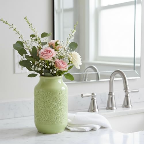 Green Ceramic Vase for Flowers, 9 Inch Decorative Vase for Pampas Grass, Modern Texture Vases for Home Decor, Table Shelf, Kitchen, Living Room Decor - color: Modern Green