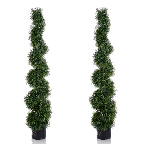 5FT Spiral Artificial Topiary Trees, Artificial Outdoor Plants - Faux Cedar Trees for Front Porch Indoor Outdoor Decor Artificial Plants UV Resistant Set of 2 - size: 5ft