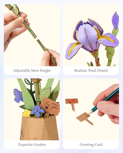 3D Flower Wooden Puzzles for Adults-Purple Iris, DIY Wooden Flowers Model Kit Building Set Crafts Birthday Gifts, Artificial Botanical Collection Creative Gift Ideas/Housewarming Display(73PCS) - style: TW - Purple Iris