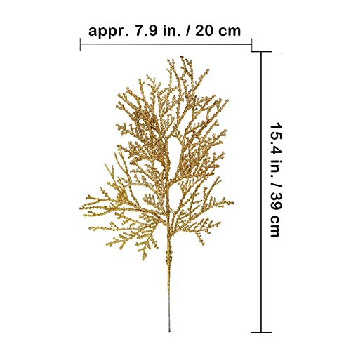 15 Pcs Gold Glitter Artificial Cedar Sprigs Picks Faux Cedar Branches Stems Christmas Tree Picks Sprays 15.4" H for Gold Christmas Tree Wreath Wedding Bouquet Winter Seasonal Holiday Decoration - color: Gold