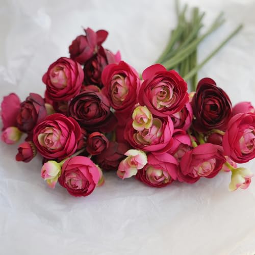 18 Pcs Ranunculus Artificial Flowers Burgundy Mini Faux Ranunculus Flowers Real Touch for Wedding DIY Bouquets Home Decor Arrangements - color: Vine Red