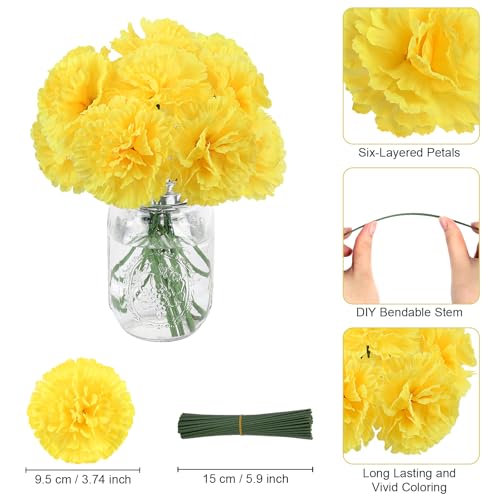 108pcs Carnation Head Flowers with Stem, Yellow Artificial Flowers Carnations, 3.5" Silk Carnation Fake Flower for Funeral Arrangements Wedding Bouquets Centerpieces Cemetery Wreaths Grad Party Decor - color: Yellow