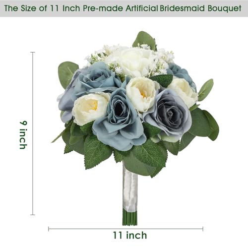 Wedding Bouquets for Bride, 11 Inch Bridesmaids Bouquets Artificial Flower Bouquets for Wedding Ceremony Bridal Shower Decorations - Dusty Blue & White - color: Dusty Blue & White