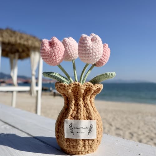 Tulip Crochet Flower Potted Plant Handmade Desk Decor Gift - color: D-tulip-pink