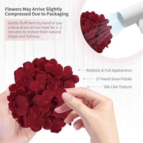 40 PCS Burgundy Silk Hydrangea Flowers, Detachable Heads + 8-Inch Wired Stems, Full 6 Inch Faux Hydrangea Heads for Fall Wedding, Christmas, Centerpieces & Pollen-Free Decor - color: Burgundy(no Accessories)