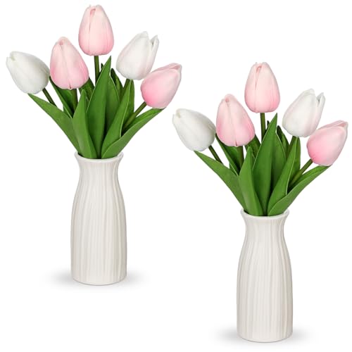 Briful 2 Packs Faux Flowers Artificial Tulips with Ceramic Vase, Poly Foam Pink-White Real Touch Flower Arrangement for Home Kitchen Wedding Centerpiece Decoration - color: Pink White