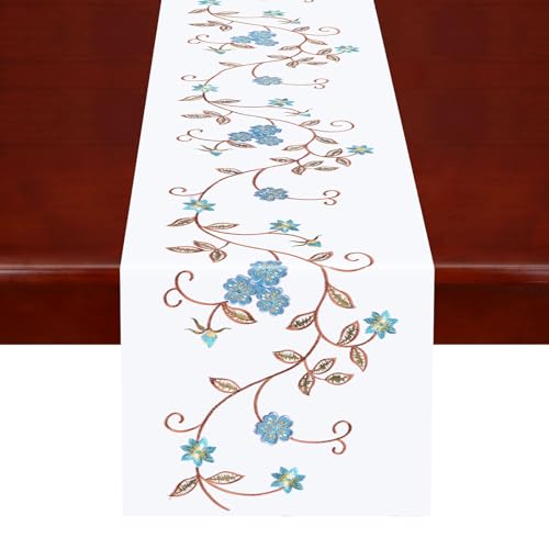 Double Thickness Rustic Embroidered Floral Table Runners for Spring and Summer, Dresser Scarf (Teal, 14 × 70 Inch) - color: Teal, size: 14 × 70 Inch