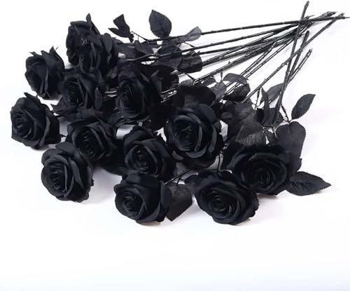Laelfe 12 PCS Artificial Flowers Black Roses, Fake Silk Flower Long Stem Artificial Rose for Home Wedding Party Decorations(Black Halloween) - color: Solid Black