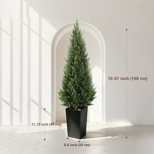 6FT Tall Artificial Cedar Topiary Tree with Compact Pyramidal Shape, Realistic Faux Cypress in Square Black Pot with Fillable Water Bag, Outdoor Evergreen for Front Porch Garden Home Decor - color: Black-pyramid Topiary, size: 6ft-1pack
