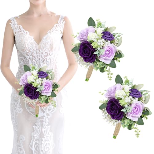 Wedding Bridesmaids Bouquet Set of 2 - Artificial Flowers Bouquets for Bridesmaid Pre-Made 7 Inch Faux Small Floral Bouquets Bridal Shower, Wedding, Ceremony, Anniversary - Purple - color: Purple, size: 2pcs
