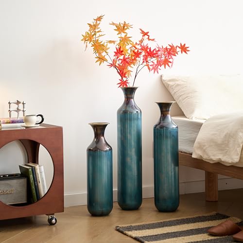 Floor Vases, Tall Home Decor Metal Vase Set of 3 Large Glazed Decorative Vases for Wedding Decor, Elegant Modern Flower Holder for Living Room, Entryway, Hallway - color: Gradient Blue