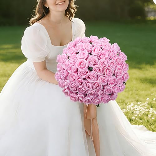 50 PCS Pink Roses Artificial Flowers, Real Looking Fake Roses with Long Stems Silk Flowers for DIY Wedding Bouquet Party Celebration Home Bridal Shower Decoration Valentine's Day Gift for Her Wife - color: Pink