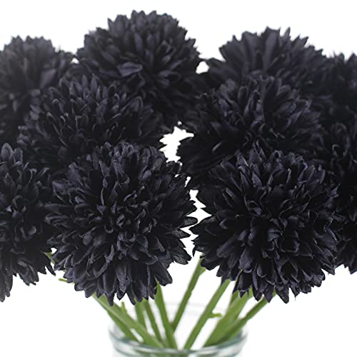 Tinsow 12 Pcs Faux Ball Chrysanthemum Bouquet Black Flowers for Home Halloween Party Fall Harvest Festival Decoration (Black, 12) - color: Black