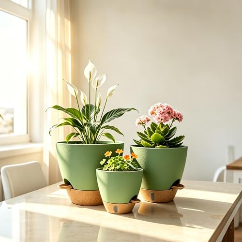 12"/10"/9"/8" Self Watering Pots with Visual Water Window,Extra Large Self Watering Plant Pots with Drainage Holes & Saucers,Green Planters for Indoor Plants,4-Pack - color: Green