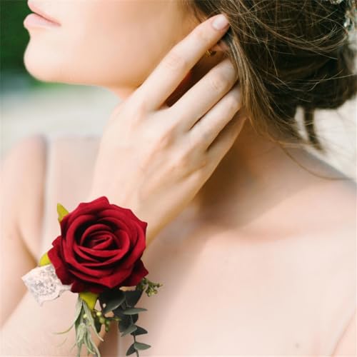 Wine Red Wrist Corsage for Wedding Anniversary Homecoming Prom Artificial Rose Flowers Wristlet Band Bracelet for Women Girl Mother Bride Bridesmaid - color: Burgundy Corsage