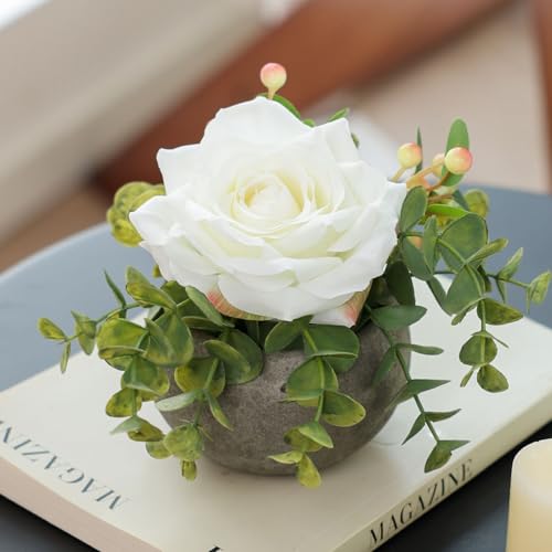 mizii DIY Small Artificial Flowers Potted Kit Fake Flower Realistic Silk Rose and Greenery with Vase for Gifts Table Centerpiece Mantle Office Desk Shelves Living Room Decorations (White) - color: White