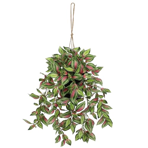 Briful Artificial Hanging Plants in Black Pot 17.7" Lifelike Trailing Faux Watermelon Peperomia Silk Plant with Cascading Greenery Fake Hanging Greenery for Indoor & Outdoor Home Garden Décor - color: Red Green